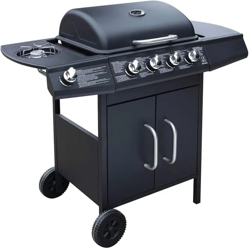 Grill à gaz 4 brûleurs avec plaque latérale en inox, chariot avec bac à graisse, housse incluse