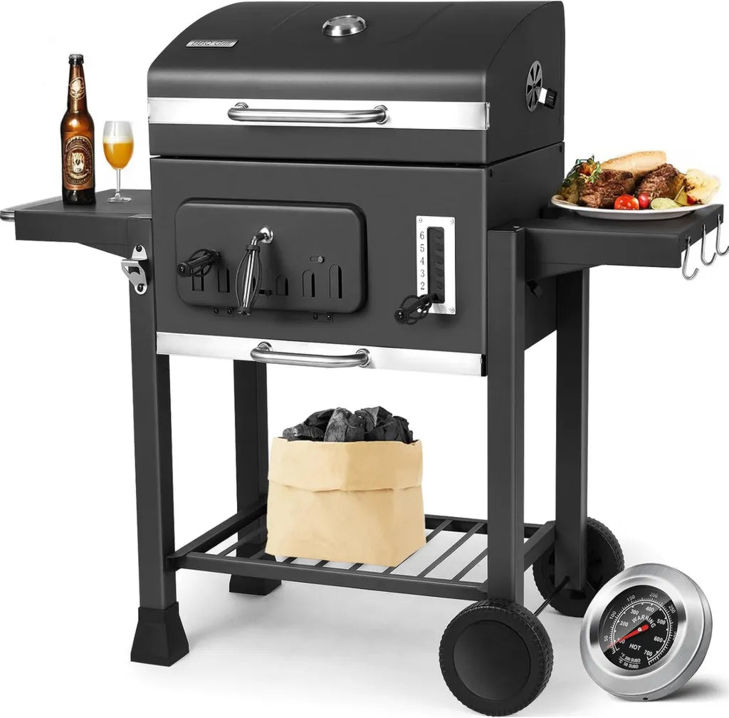 Grill XXL au Charbon de Bois TLSUNNY avec Couvercle, Roues et Thermomètre
