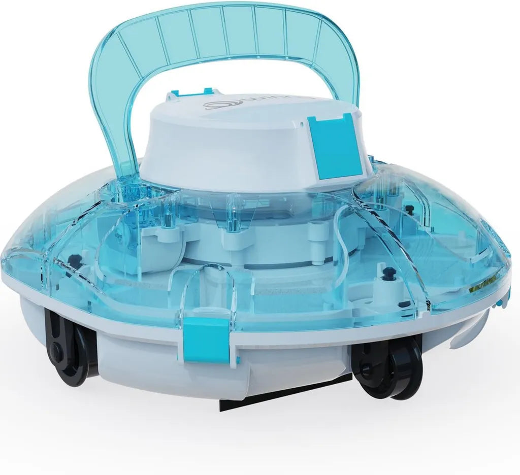Robot Nettoyeur de Piscine Winny 200, Aspirateur sans Fil avec Batterie Rechargeable, Autonomie 80 Min, Double Filtration, Pour Piscines Hors-Sol jusqu'à 60 m², Stationnement Automatique, Bleu Transparent