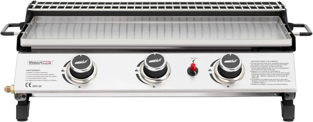 Plancha à Gaz en Acier Inoxydable avec 3 Brûleurs 7,5 kW, Surface de Cuisson 61,5x32 cm, Parfaite pour Camping et Extérieur