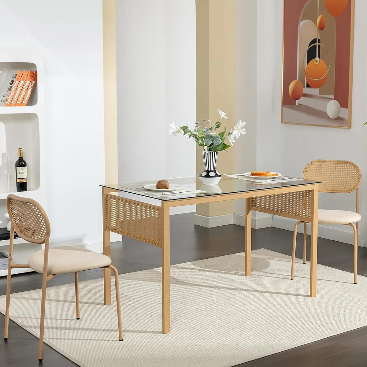 Chaise: en métal, en bois, Lot de 2, en résine tressée