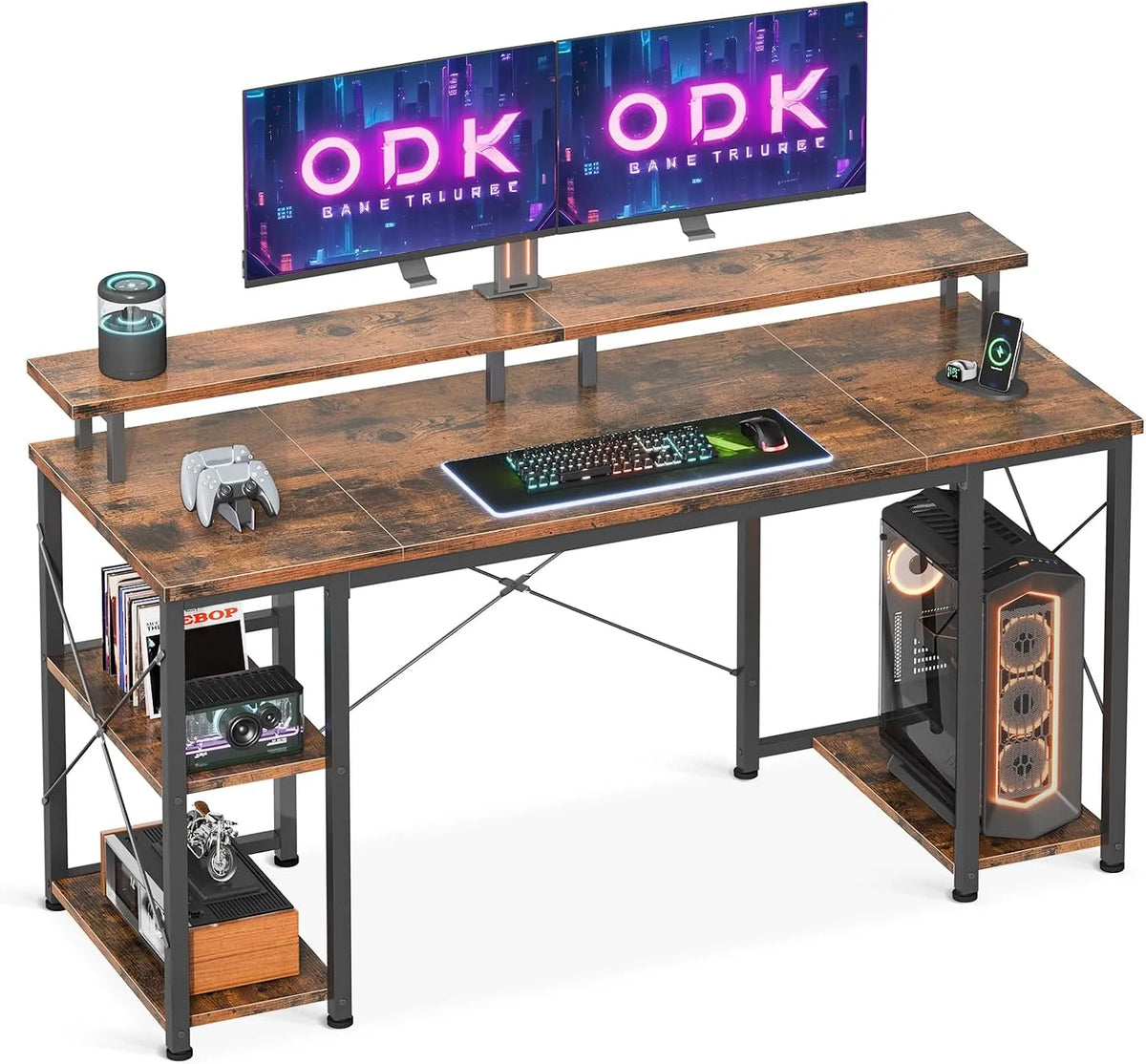Bureau et table informatique – avec rangement, pour gaming, avec écran, 120 × 50cm, marron