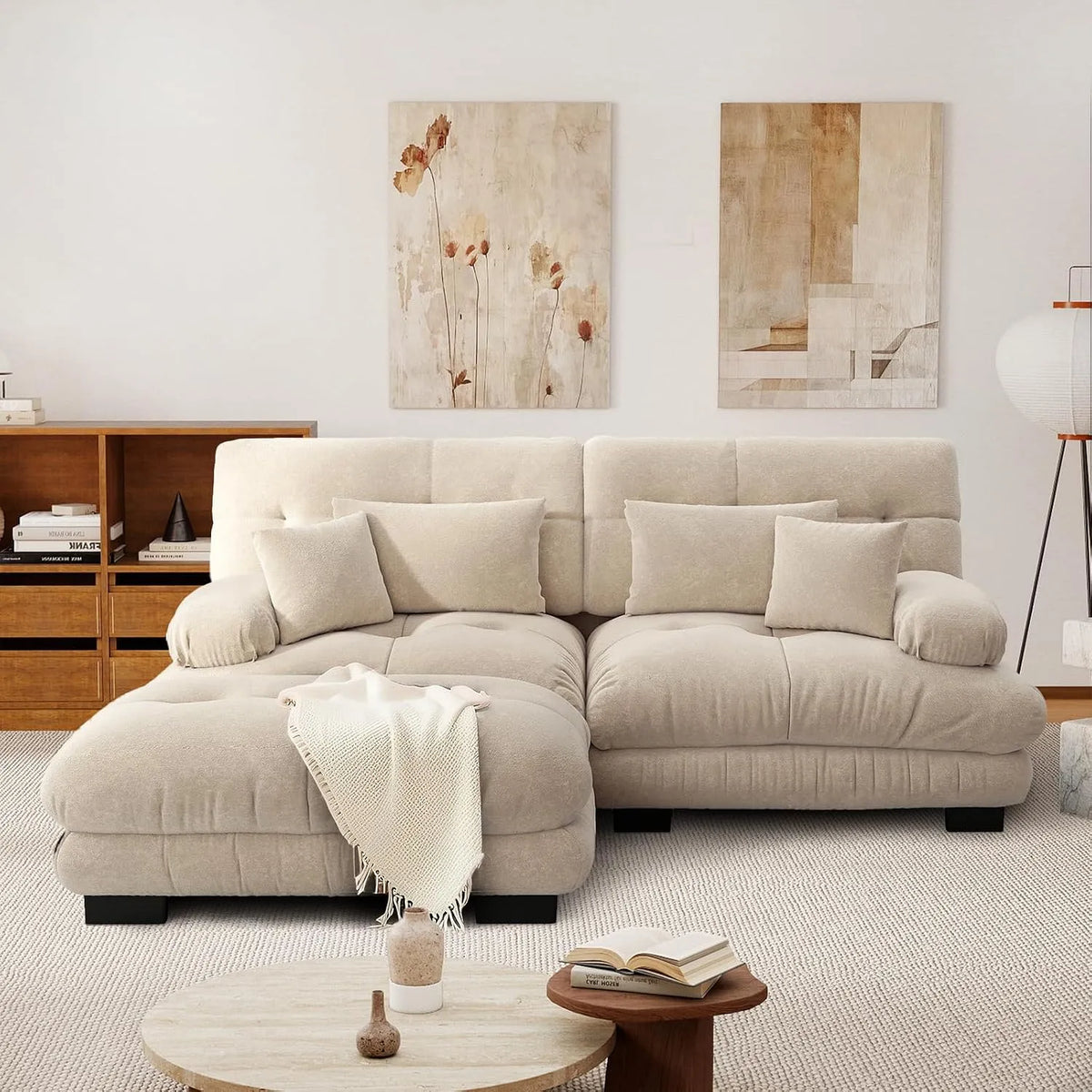 Canapé modulaire – en chenille, en bois, 2 Places, 145×220cm, beige, en bois massif