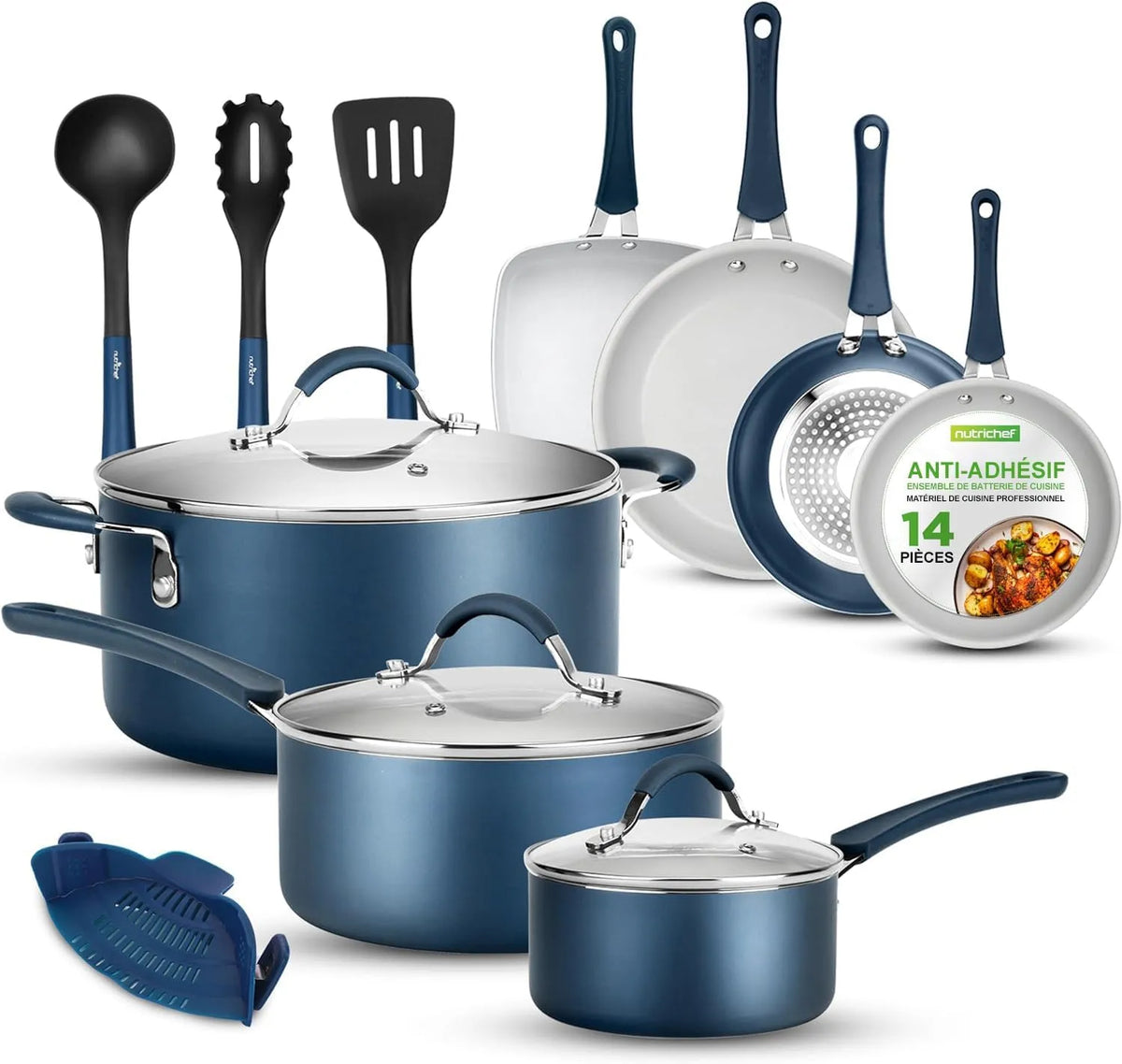 Four électrique, bleu, four de cuisson, batterie de casseroles et poêles, NutriChef Batterie de Cuisine 14 Pièces Antiadhésive Induction Bleu