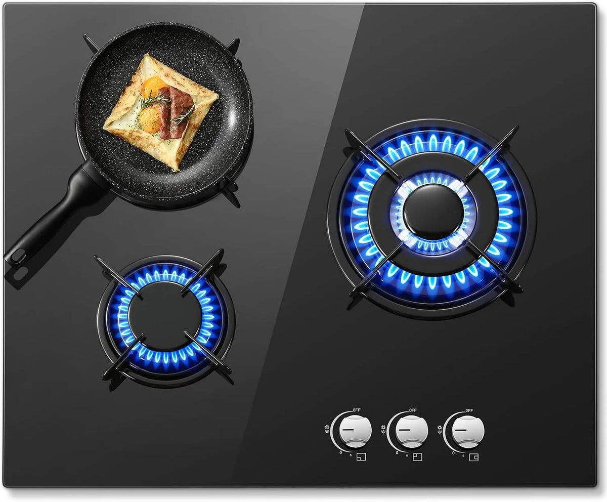 Plaque de cuisson à gaz 220-240V, 60cm, 3 foyers, 240 V, encastrable, table de cuisson à gaz, noir, 68 kW, Sécurité Thermocouple, Compatible Gaz