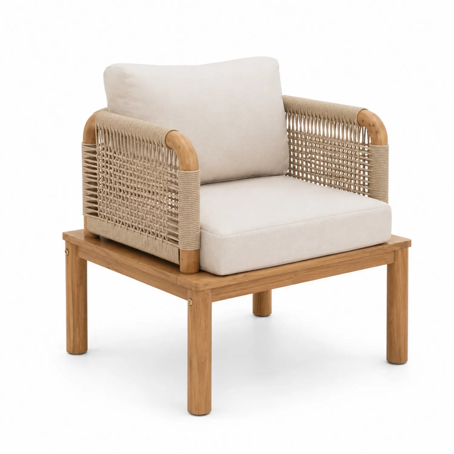 Fauteuil en teck et corde avec coussins en polyester