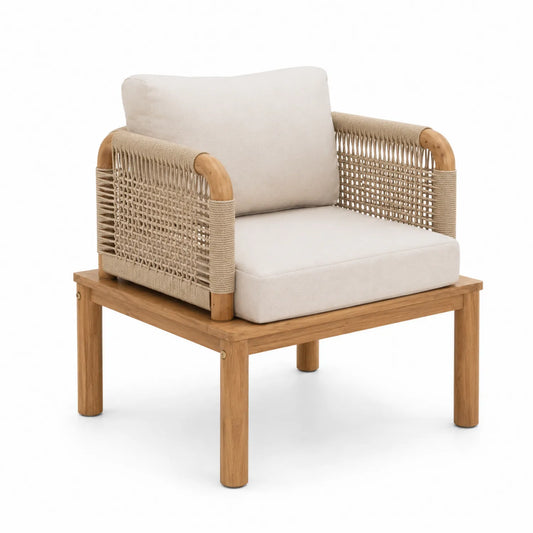 Fauteuil en teck et corde avec coussins en polyester
