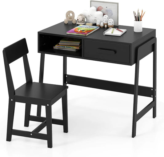 COSTWAY Bureau et table informatique: pour enfant, en bois, avec rangement, avec tiroirs, 50kg, noir