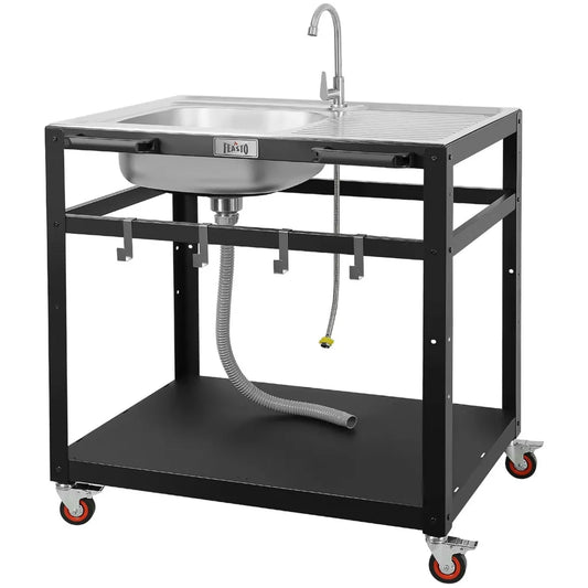 Chariot de Cuisine Extérieure 35 avec Évier, Station de Cuisine avec Raccord Tuyau, Évier Autonome sur Roulettes, Acier Inoxydable 304 avec Bol Unique et Robinet