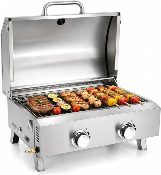 Grill à gaz 2 brûleurs en inox avec grille et pierre à pizza pour extérieur