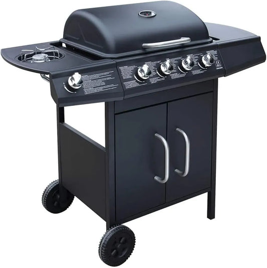 Grill à gaz 4 brûleurs avec plaque latérale en inox, chariot avec bac à graisse, housse incluse