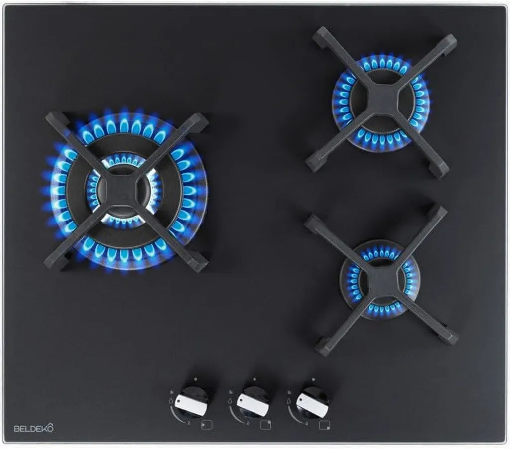 Table de Cuisson à Gaz 3 Brûleurs 6200W Noir avec Grilles en Fonte - Design Français