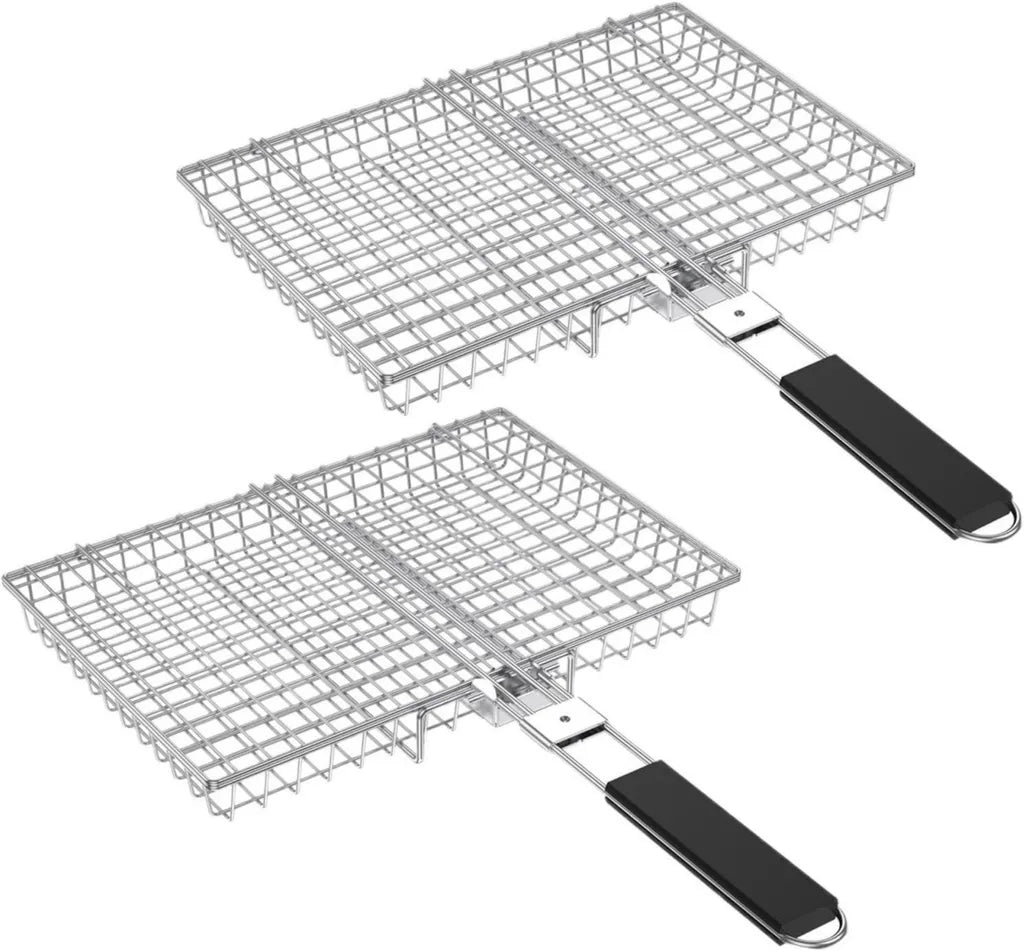 Panier de barbecue portable en acier inoxydable avec manche en bois