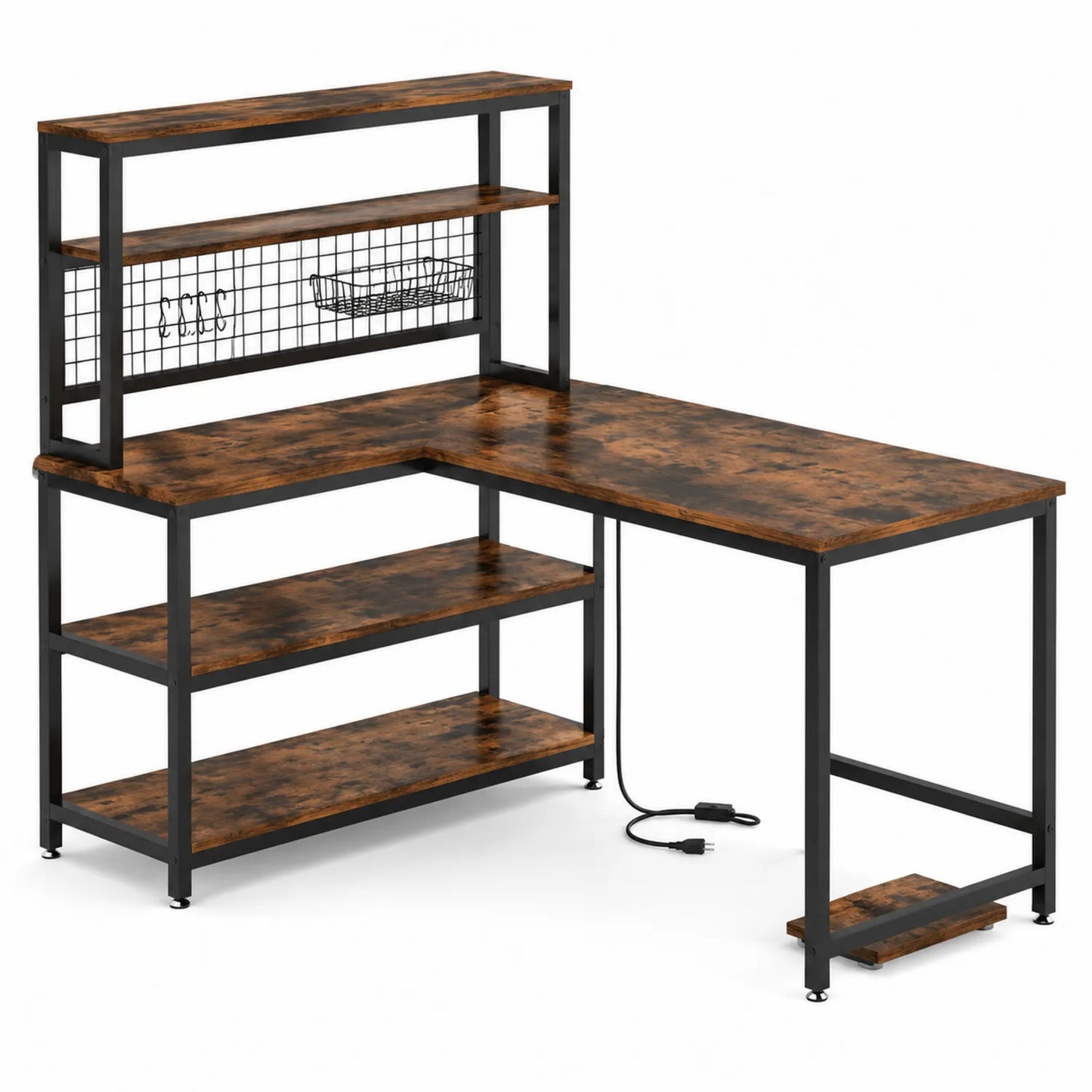 Bureau d'angle en panneaux de particules et métal noir avec étagères