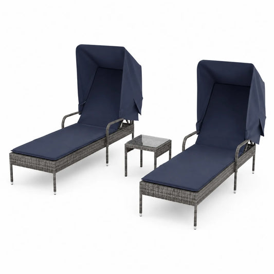 Ensemble de Chaises Longues en Rotin avec Pare-Soleil et Coussin Bleu