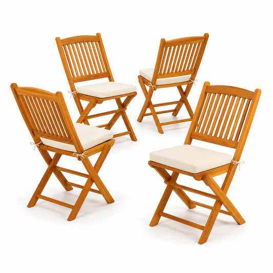 Lot de 4 chaises pliantes en bois de teck avec coussins crème