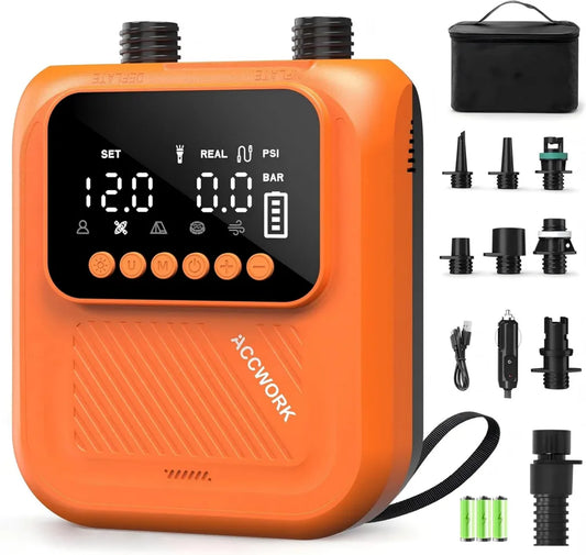 Pompe Électrique 20 PSI pour Paddle avec Arrêt Automatique, 7 Buses Incluses pour Matelas, SUP, Tente, Kayak
