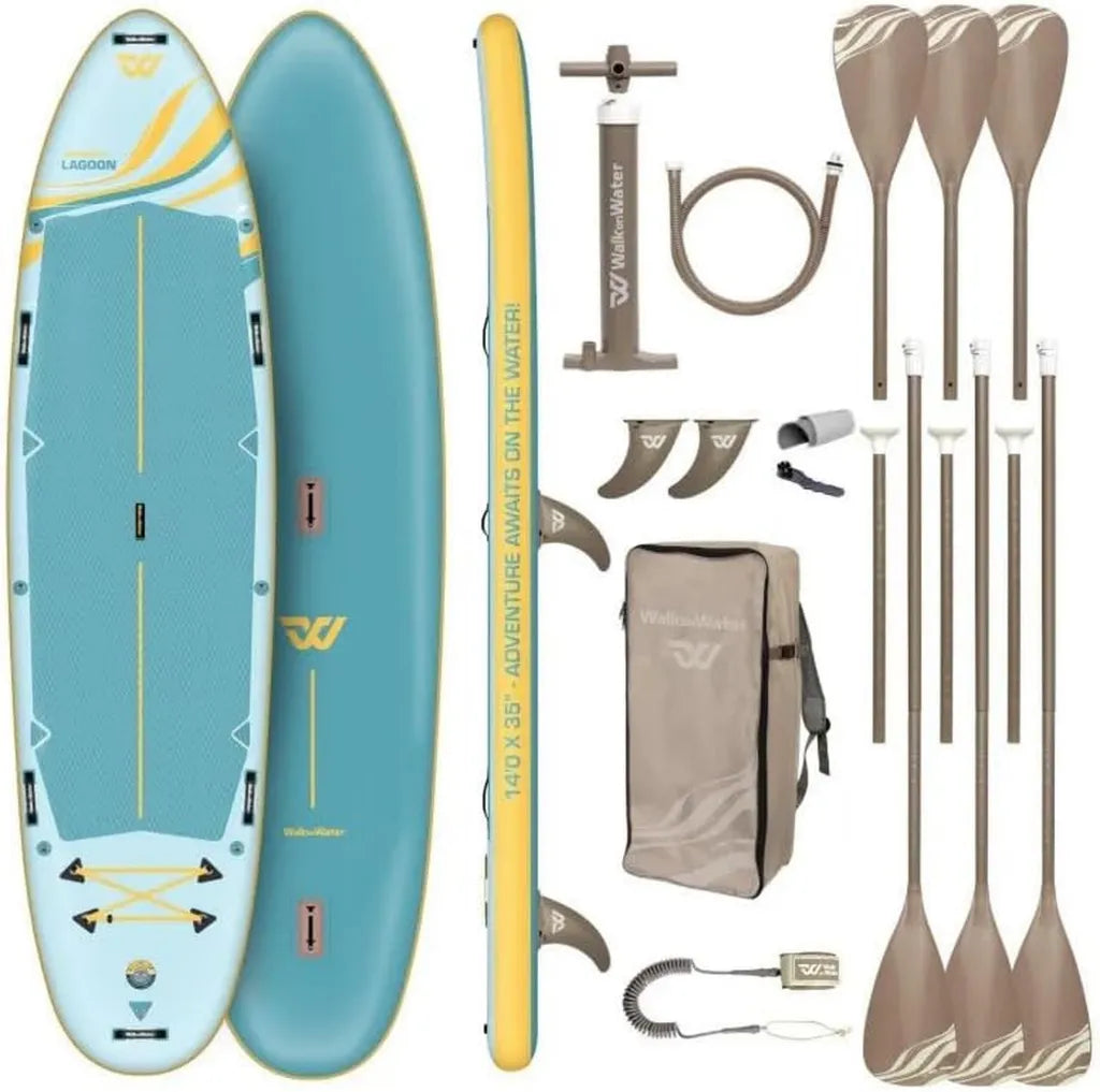 Planche Paddle Gonflable XXL WOW Lagoon 14.0 – Ultra Stable, 426 cm, Charge 280 kg, 3 Pagaies Incluses, Pour Famille et Kayak
