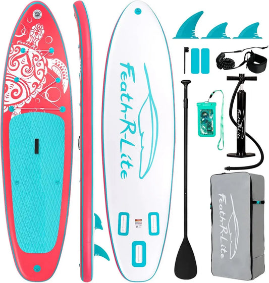 Planche à Pagaie Gonflable Ultralégère FEATH-R-LITE - Kit Complet SUP avec Pagaie Réglable, Pompe, Sac à Dos et Ailerons - Design Tortue de Mer Rose