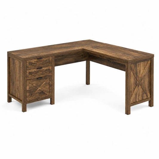 Bureau d'angle en bois de chêne marron avec tiroirs
