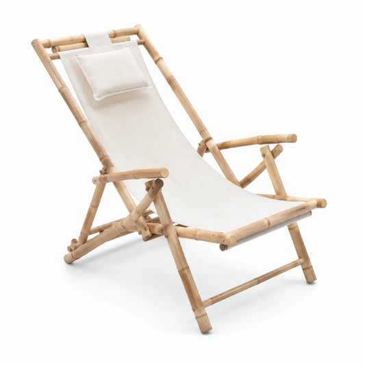 Chaise Longue Pliante en Bambou et Polyester Blanc