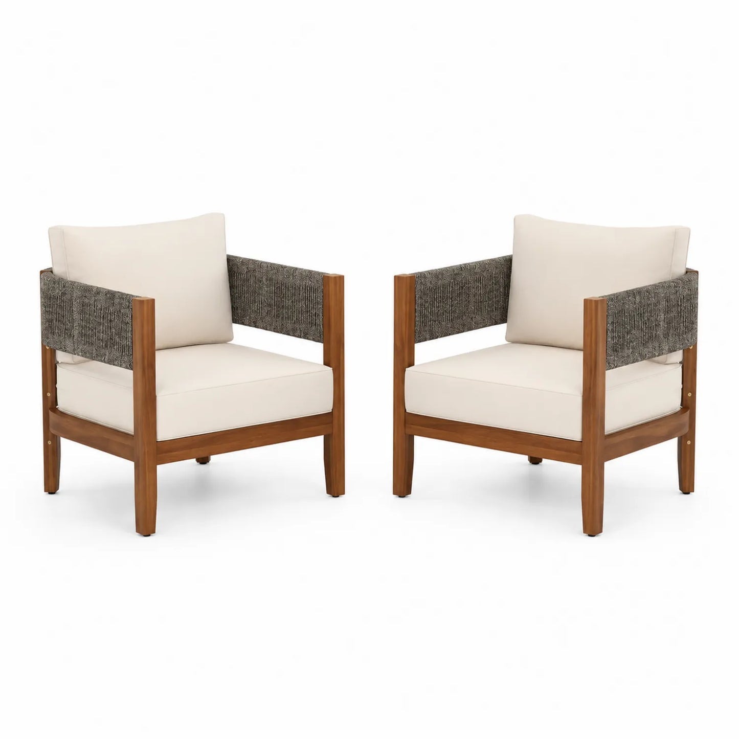 Set de 2 fauteuils en bois et tissu beige/gris