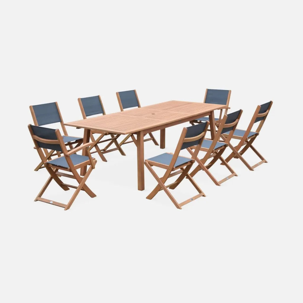 Table de Jardin Extensible en Eucalyptus avec 8 Chaises Textilène Anthracite