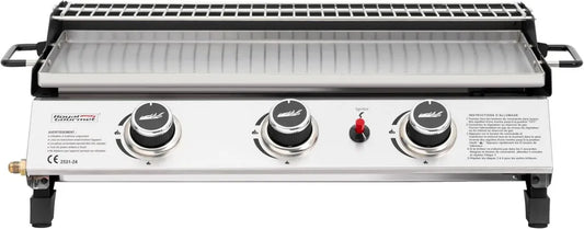 Plancha à Gaz en Acier Inoxydable avec 3 Brûleurs 7,5 kW, Surface de Cuisson 61,5x32 cm, Parfaite pour Camping et Extérieur