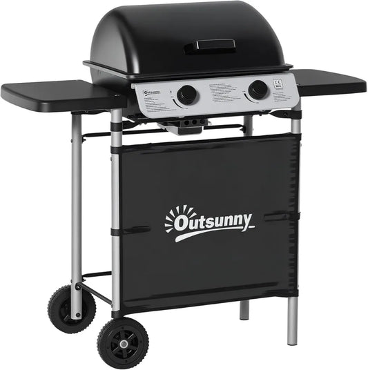 Grill à Gaz Outsunny 2 Brûleurs Acier Inoxydable 2,8 kW avec Roues et Tablettes Latérales pour Jardin Terrasse et Camping