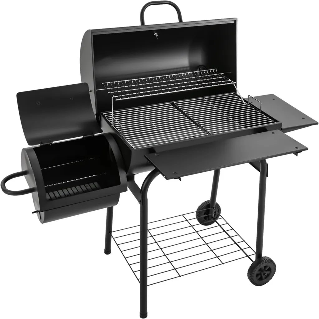 Grill au Charbon de Bois XXL avec Thermomètre, Double Zone, Rangement, Acier Noir pour Terrasse et Camping