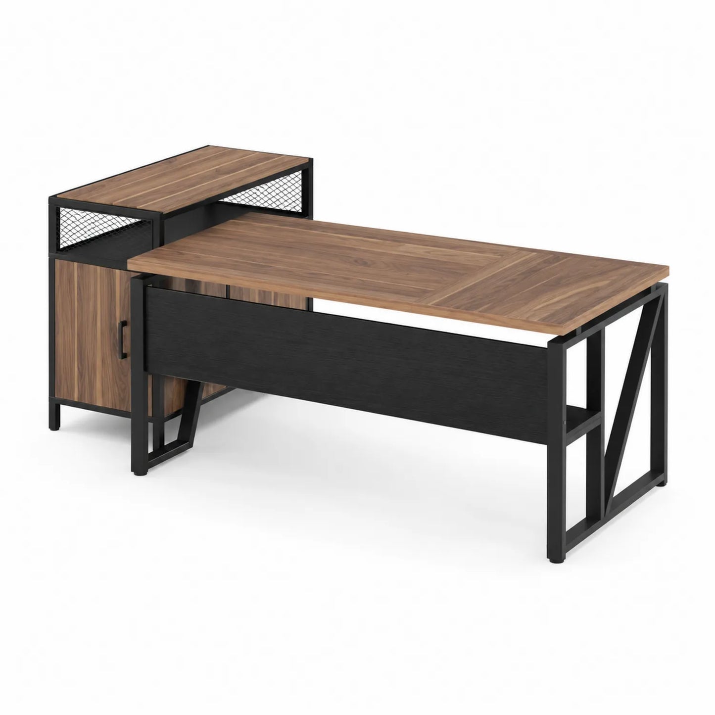 Bureau d'angle en bois et métal avec étagère intégrée