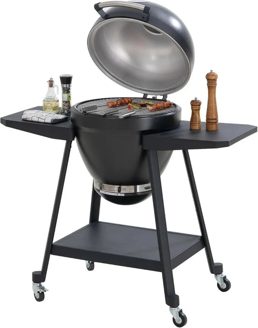 Barbecue Kamado 20 Pouces Sunjoy avec Pierre à Pizza, Œuf et Fumoir Extérieur, Roulettes Intégrées, Noir