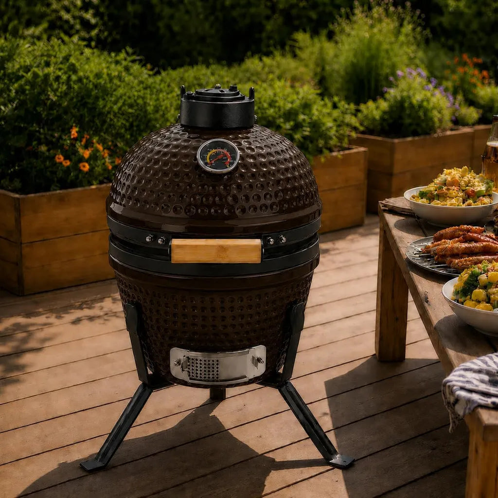 Mini Barbecue Kamado en Céramique avec Support Portable Vert Olive 33 cm