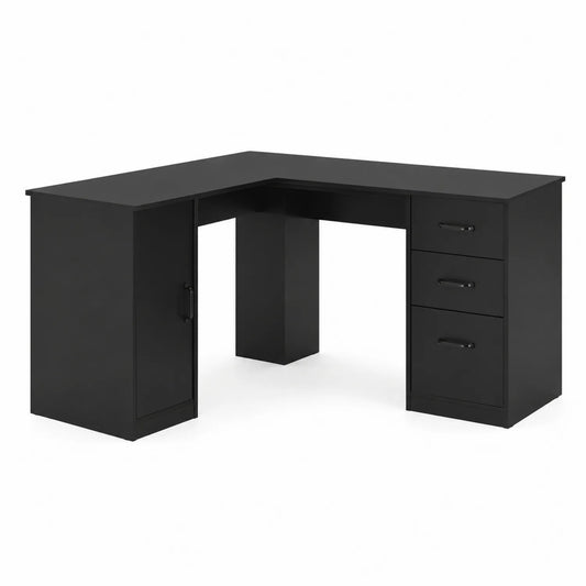 Bureau d'angle en bois MDF noir avec tiroirs et porte