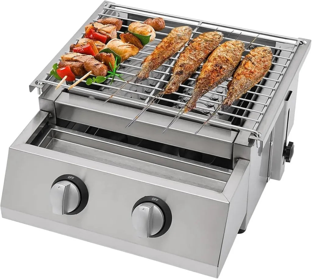Barbecue à gaz portable 2 brûleurs avec tables pliantes et allumage électronique