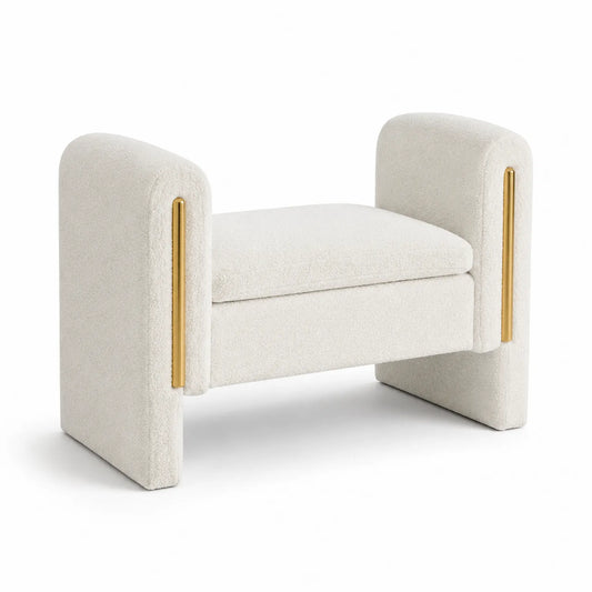 Banc en bouclé blanc avec accoudoirs en métal doré