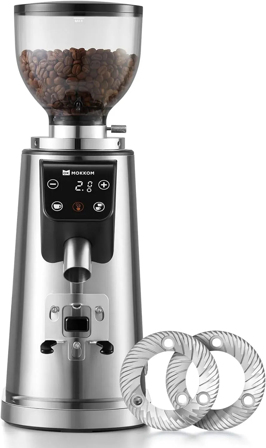 Moulin, broyeur à grains de café, 64 mm, minuteur, professionnel, acier inoxydable