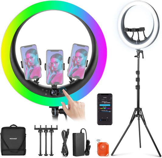modèle CRI97 RP19C, NEEWER Ring Light LED RGB 19' avec Pied, 42W CRI97+ 2800lux, 3 Supports Téléphone, Control 2, 4G, 5m Teinte 360° Éclairage Anneau