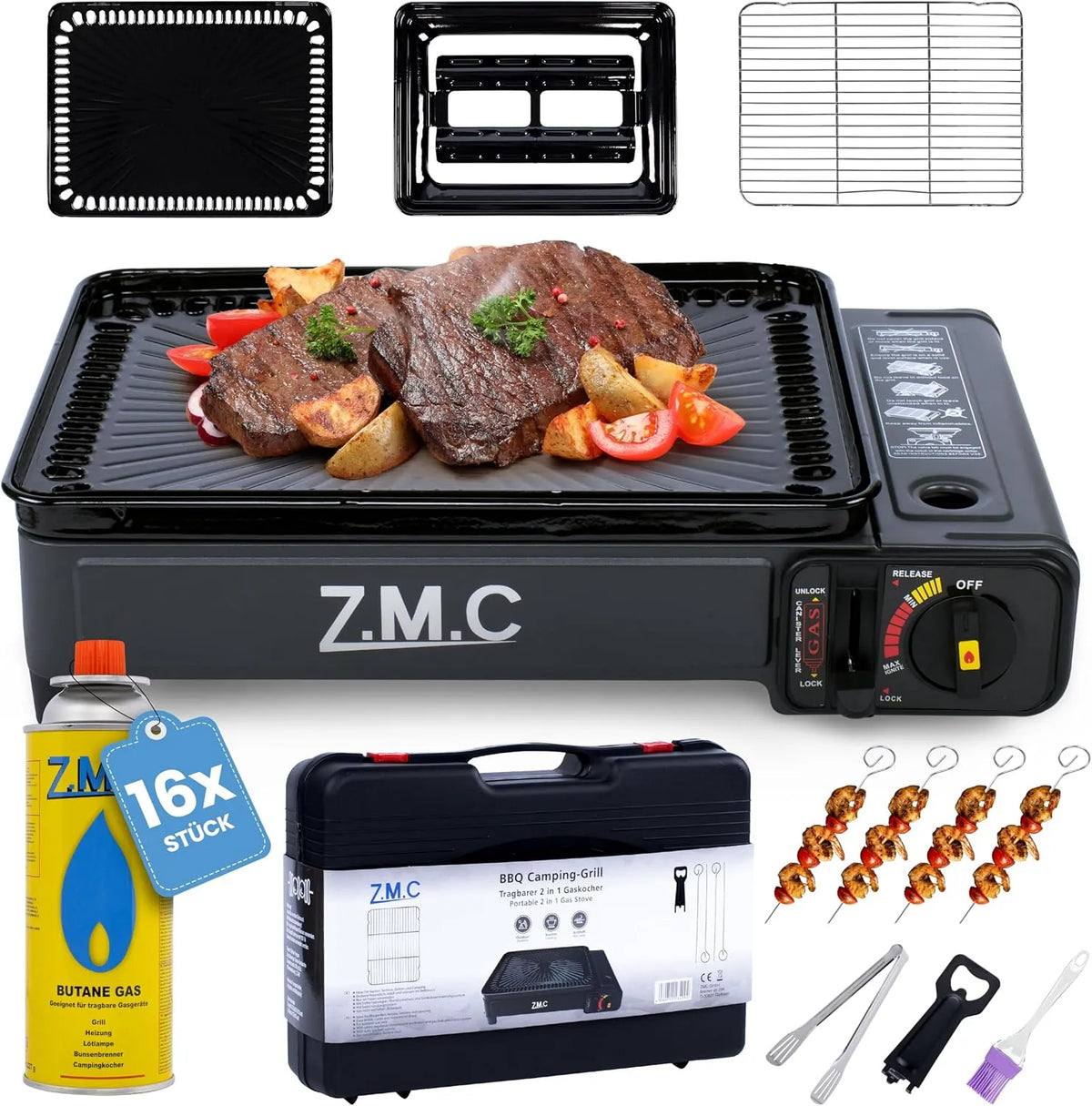 Plaque de cuisson à gaz, portable, tactile, camping, table de cuisson à gaz, 2 kW, Puissance de 2, ZMC, accessoires et mallette