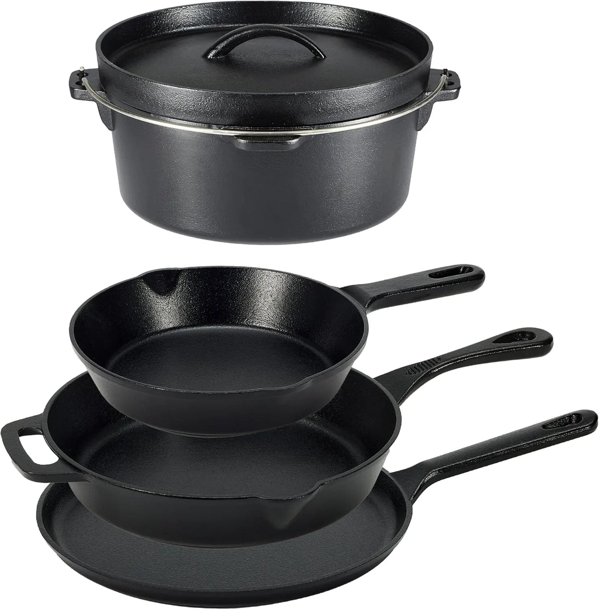 Batterie, batterie de casseroles et poêles, fonte, 5 pièces, noir, cuisine pré-enduite en fonte