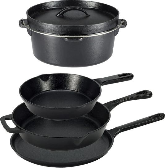 Batterie, batterie de casseroles et poêles, fonte, 5 pièces, noir, cuisine pré-enduite en fonte