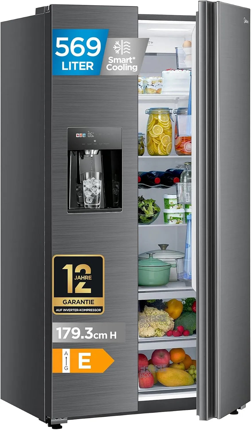 Réfrigérateur, 569 L, No Frost, Wi-Fi, acier inoxydable, distributeur d'eau 3 en 1 avec raccord d'eau fixe, commande WiFi, Midea Side by Side